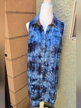 Tasha Polizzi Blue Handkerchief Sleeveless Button Shirt Dress